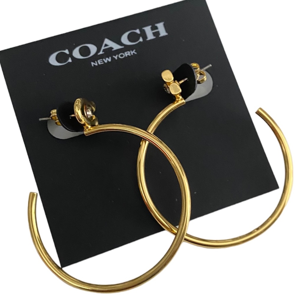 NEW Coach Gold Signature 1.5” Hoop Earrings on Card with Dust Bag Rtl $168